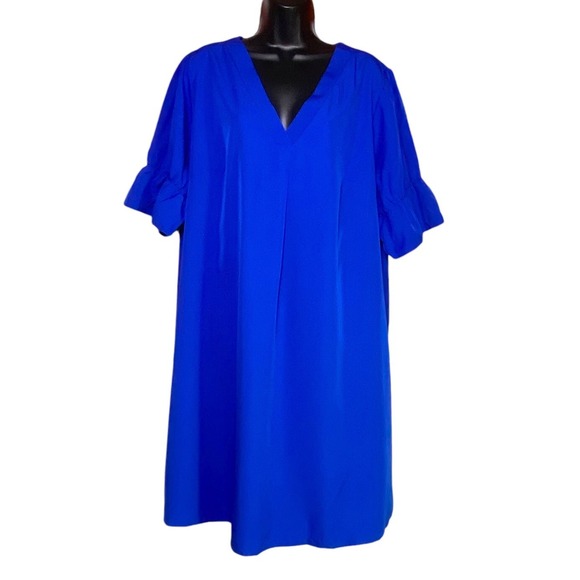 Shein Curve Shirt Dress Women Blue‎ V-Neck Short Ruffle Sleeve Plus Size 2XL - Picture 1 of 8
